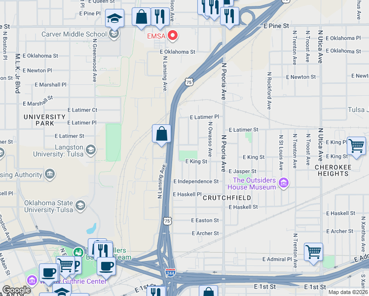 map of restaurants, bars, coffee shops, grocery stores, and more near 1001 East King Street in Tulsa