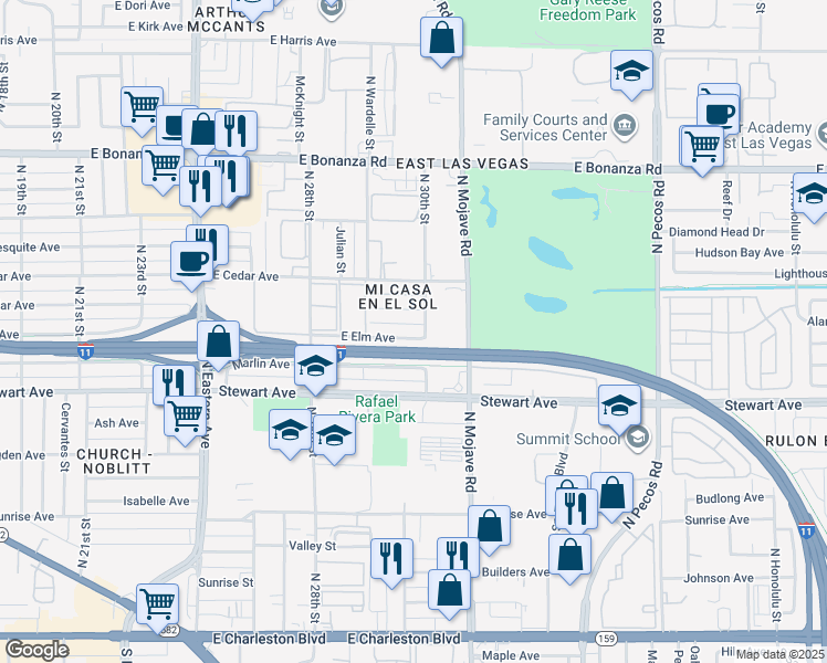 map of restaurants, bars, coffee shops, grocery stores, and more near 2933 East Elm Avenue in Las Vegas