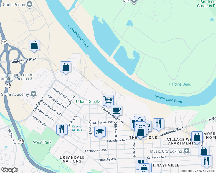 map of restaurants, bars, coffee shops, grocery stores, and more near 1487 51st Avenue North in Nashville