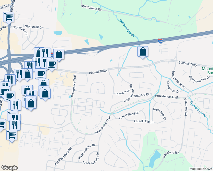 map of restaurants, bars, coffee shops, grocery stores, and more near 4580 Boxcroft Circle in Mt. Juliet