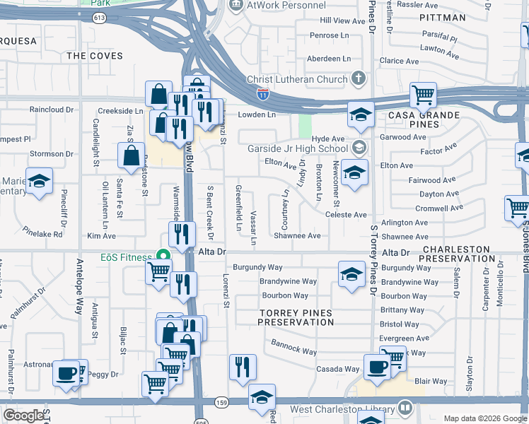 map of restaurants, bars, coffee shops, grocery stores, and more near 409 Davenport Lane in Las Vegas
