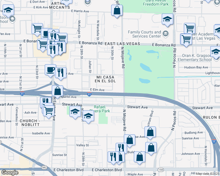 map of restaurants, bars, coffee shops, grocery stores, and more near 2933 East Elm Avenue in Las Vegas