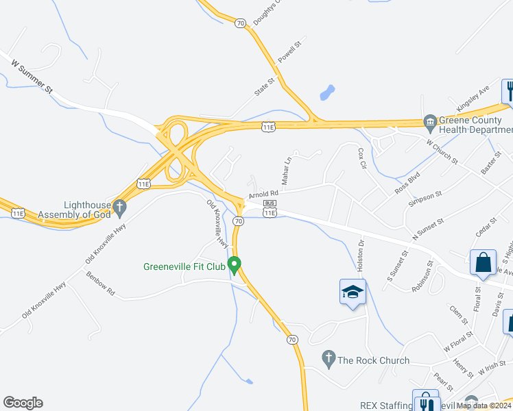 map of restaurants, bars, coffee shops, grocery stores, and more near 1079 West Summer Street in Greeneville