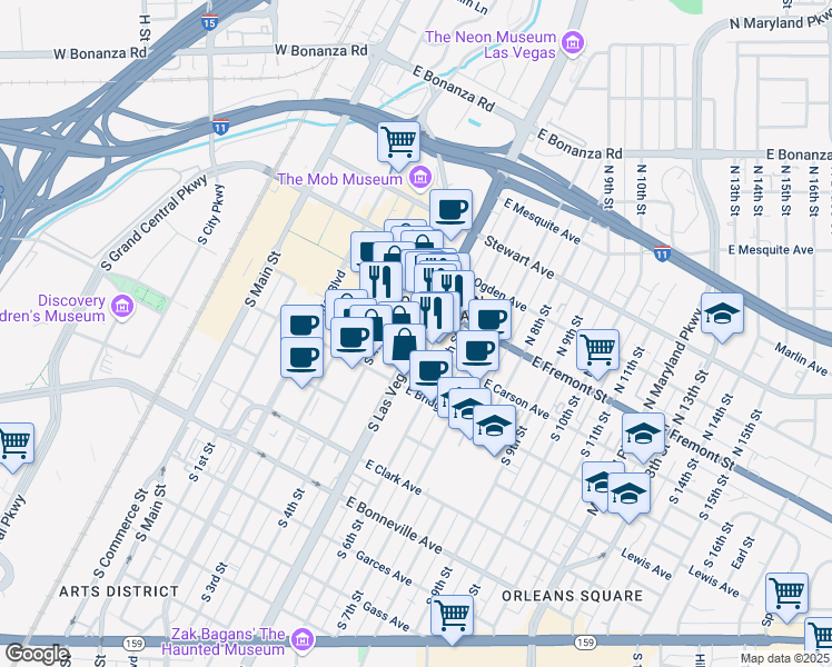 map of restaurants, bars, coffee shops, grocery stores, and more near 150 South Las Vegas Boulevard in Las Vegas