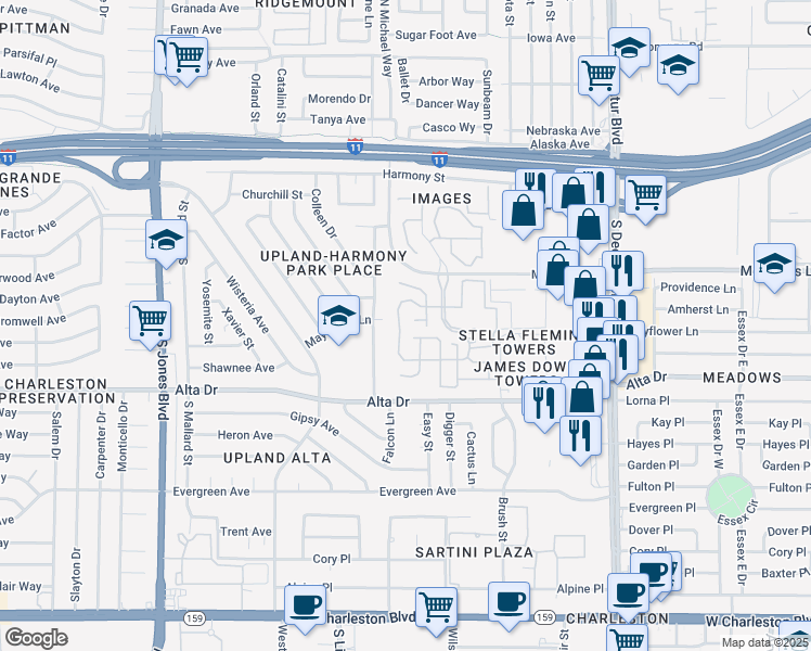 map of restaurants, bars, coffee shops, grocery stores, and more near 360 Mill Hollow Road in Las Vegas