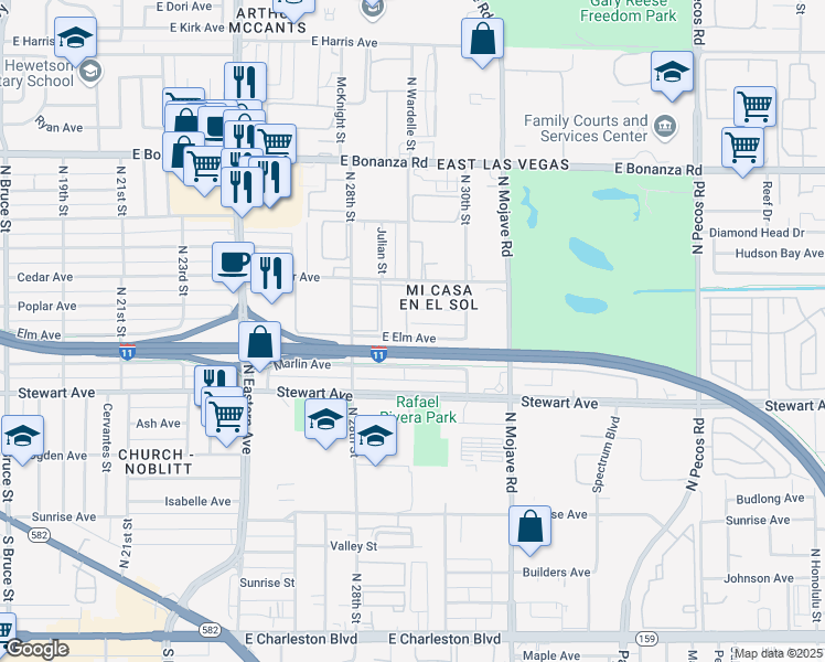 map of restaurants, bars, coffee shops, grocery stores, and more near 2901 East Elm Avenue in Las Vegas