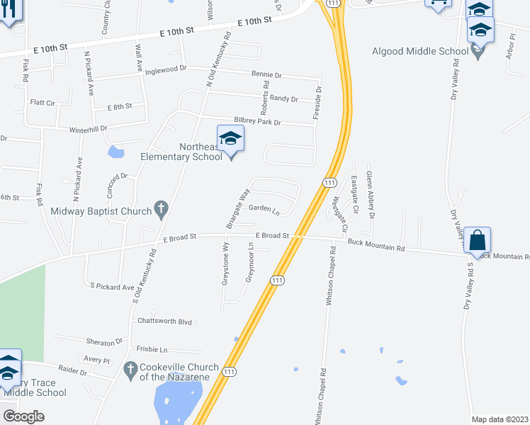 map of restaurants, bars, coffee shops, grocery stores, and more near 1555 Garden Lane in Cookeville