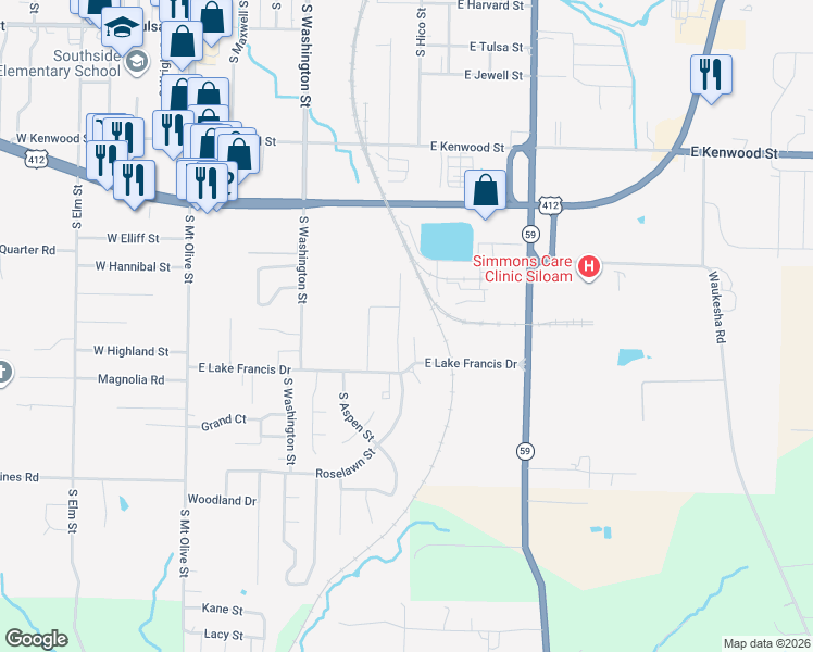 map of restaurants, bars, coffee shops, grocery stores, and more near 1009 East Lake Francis Drive in Siloam Springs