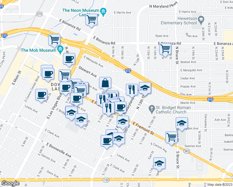 map of restaurants, bars, coffee shops, grocery stores, and more near 216 North 10th Street in Las Vegas