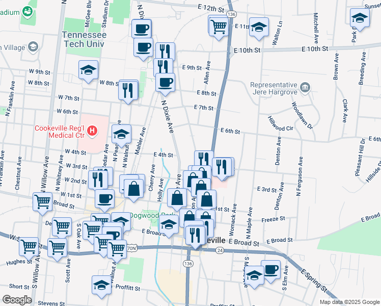 map of restaurants, bars, coffee shops, grocery stores, and more near 430 North Jefferson Avenue in Cookeville