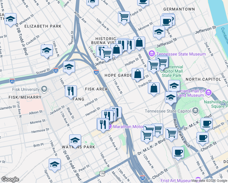 map of restaurants, bars, coffee shops, grocery stores, and more near 910 Morrison Street in Nashville