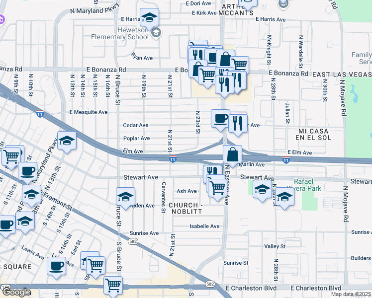 map of restaurants, bars, coffee shops, grocery stores, and more near 2215 Elm Avenue in Las Vegas