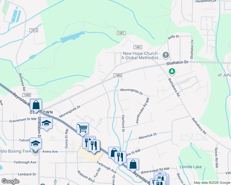 map of restaurants, bars, coffee shops, grocery stores, and more near 4202 Morningside Drive in Winston-Salem