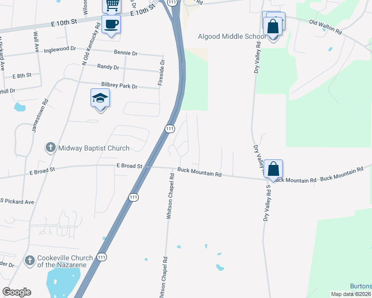 map of restaurants, bars, coffee shops, grocery stores, and more near 29a Eastgate Circle in Cookeville