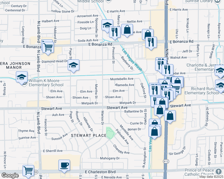 map of restaurants, bars, coffee shops, grocery stores, and more near 4708 Elm Avenue in Las Vegas