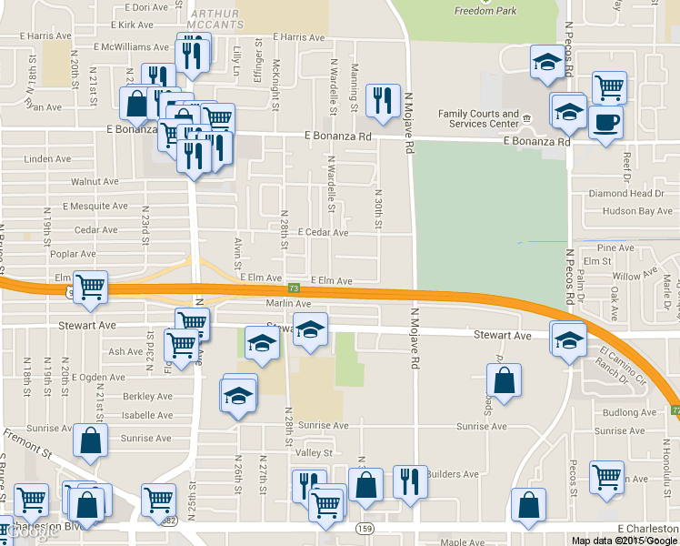 map of restaurants, bars, coffee shops, grocery stores, and more near 2917 East Elm Avenue in Las Vegas