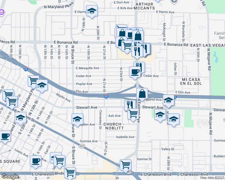 map of restaurants, bars, coffee shops, grocery stores, and more near 2215 Elm Avenue in Las Vegas