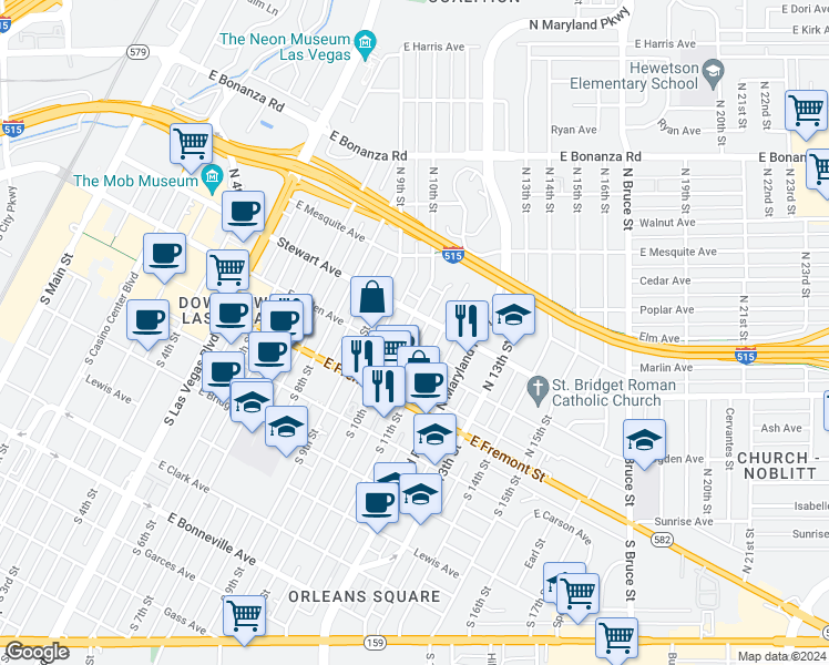 map of restaurants, bars, coffee shops, grocery stores, and more near 1001 East Ogden Avenue in Las Vegas