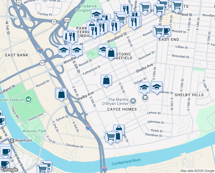 map of restaurants, bars, coffee shops, grocery stores, and more near 501A South 6th Street in Nashville