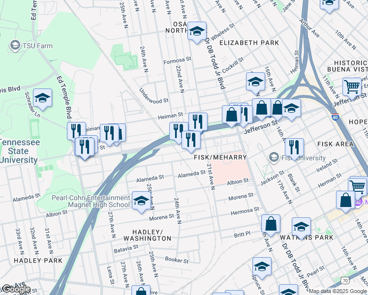 map of restaurants, bars, coffee shops, grocery stores, and more near 2120B Meharry Boulevard in Nashville