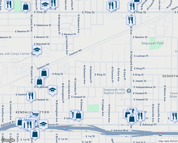 map of restaurants, bars, coffee shops, grocery stores, and more near 847 North Delaware Place in Tulsa