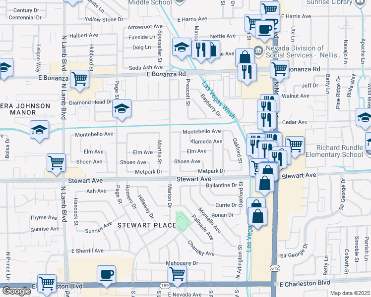 map of restaurants, bars, coffee shops, grocery stores, and more near 4708 Elm Avenue in Las Vegas