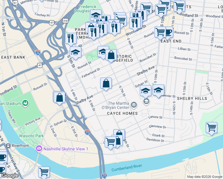 map of restaurants, bars, coffee shops, grocery stores, and more near 633 Sylvan Street in Nashville