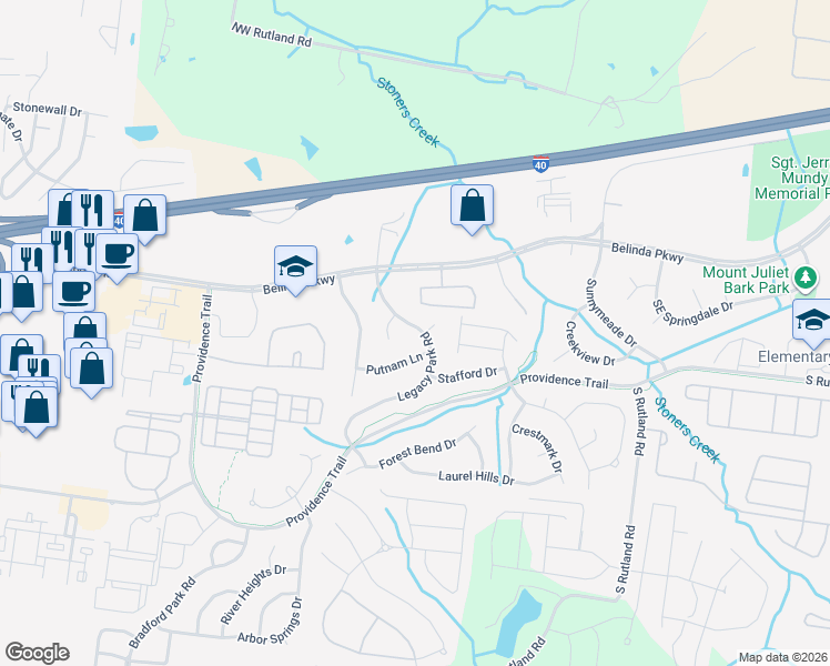 map of restaurants, bars, coffee shops, grocery stores, and more near 957 Legacy Park Road in Mount Juliet
