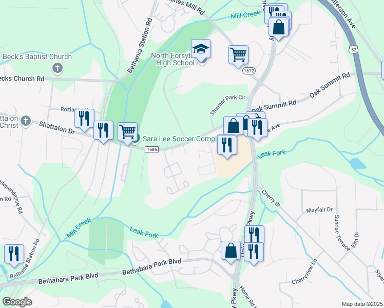 map of restaurants, bars, coffee shops, grocery stores, and more near 5801 British Square Drive in Winston-Salem