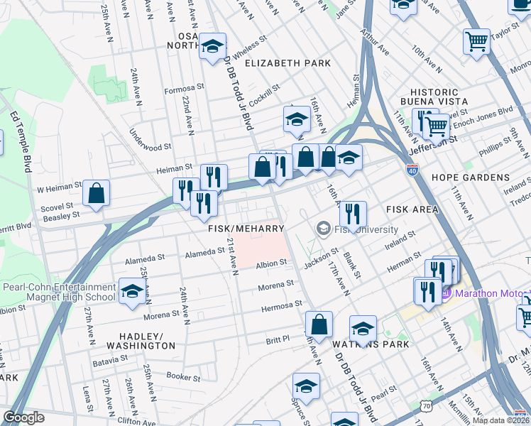 map of restaurants, bars, coffee shops, grocery stores, and more near 1005 Doctor DB Todd Junior Boulevard in Nashville