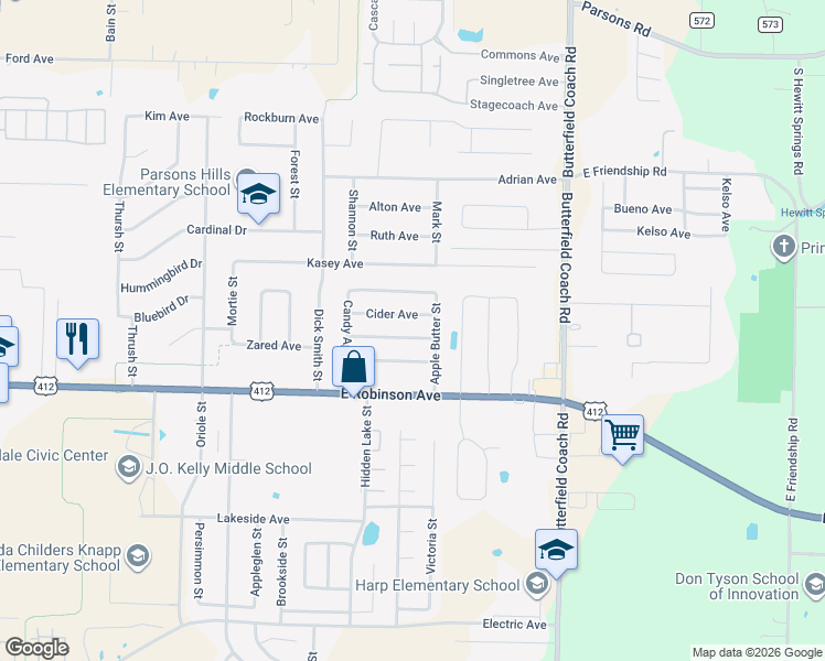 map of restaurants, bars, coffee shops, grocery stores, and more near 2715 Fruit Tree Avenue in Springdale