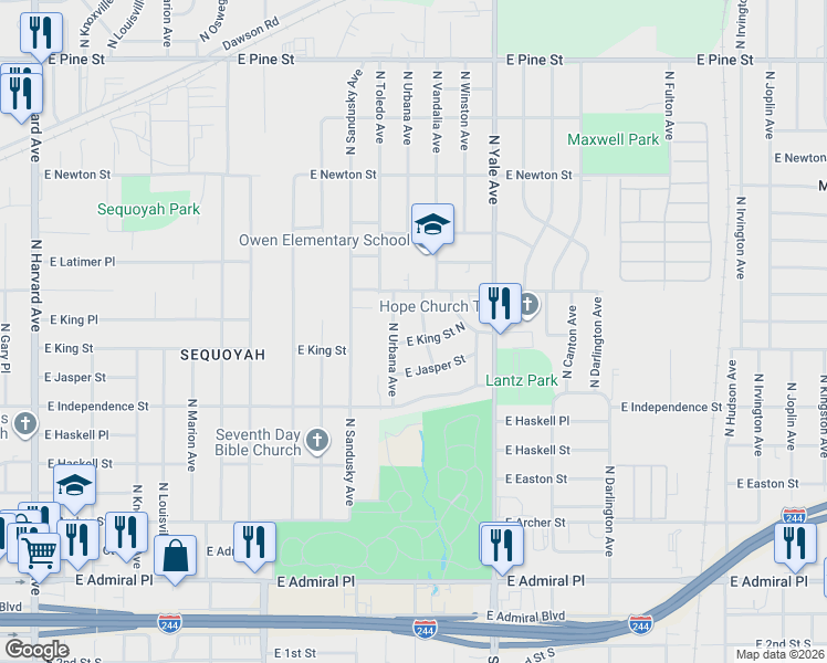 map of restaurants, bars, coffee shops, grocery stores, and more near 4704 East King Street North in Tulsa