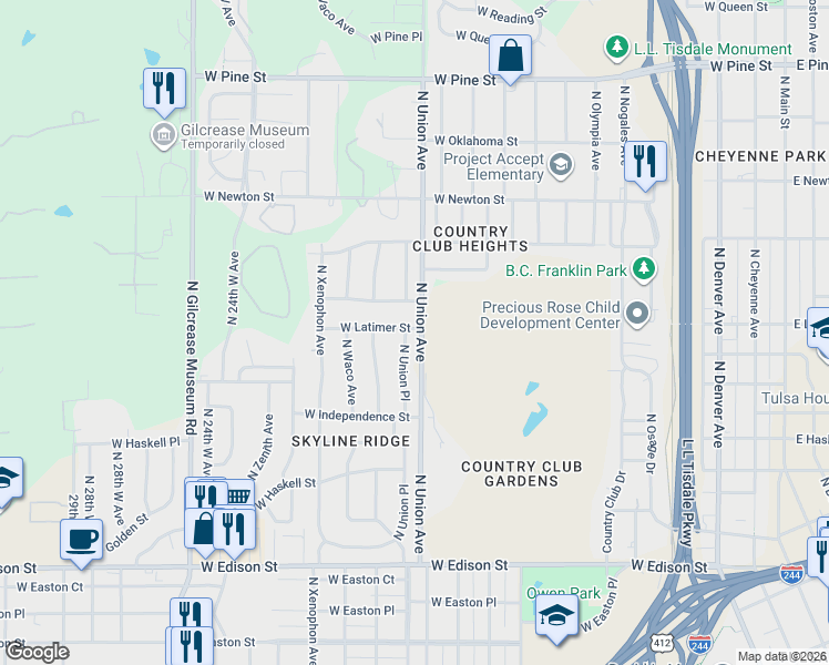 map of restaurants, bars, coffee shops, grocery stores, and more near 797-1065 North Union Avenue in Tulsa