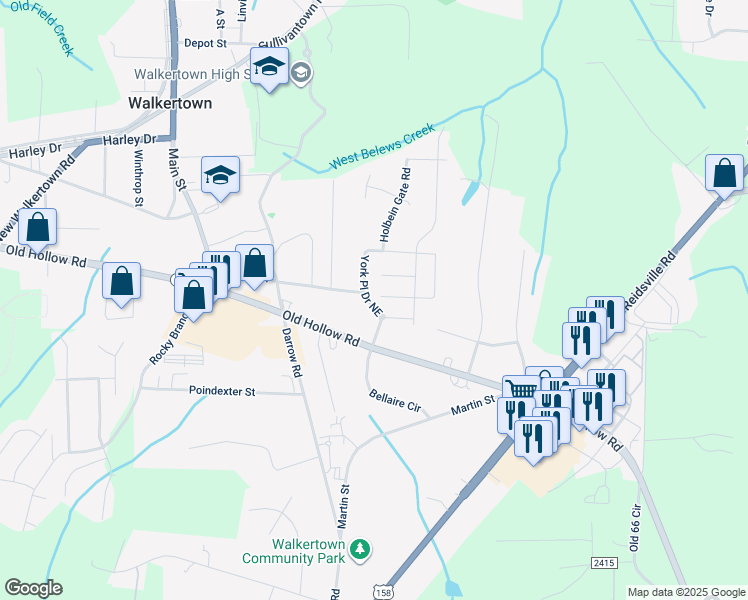 map of restaurants, bars, coffee shops, grocery stores, and more near 3175 York Place Drive Northeast in Walkertown