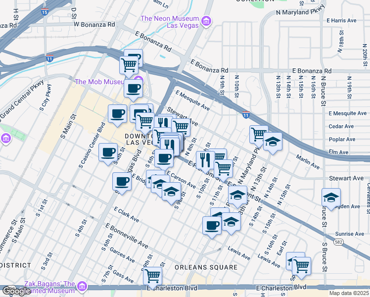map of restaurants, bars, coffee shops, grocery stores, and more near 800 East Fremont Street in Las Vegas
