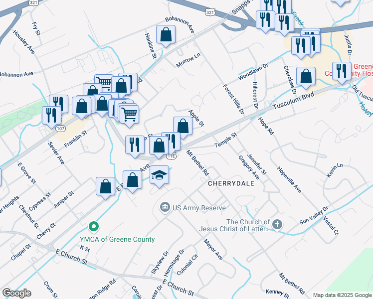 map of restaurants, bars, coffee shops, grocery stores, and more near 202 Mount Bethel Road in Greeneville