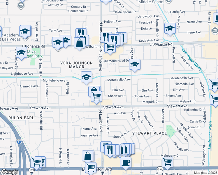 map of restaurants, bars, coffee shops, grocery stores, and more near 408 Rhoda Street in Las Vegas