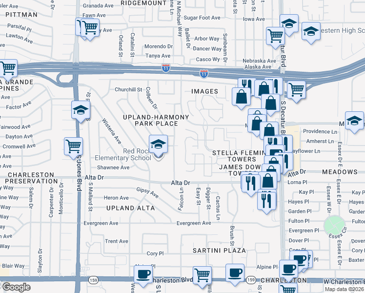 map of restaurants, bars, coffee shops, grocery stores, and more near 401 Falcon Lane in Las Vegas