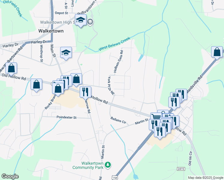 map of restaurants, bars, coffee shops, grocery stores, and more near 3175 York Place Drive Northeast in Walkertown