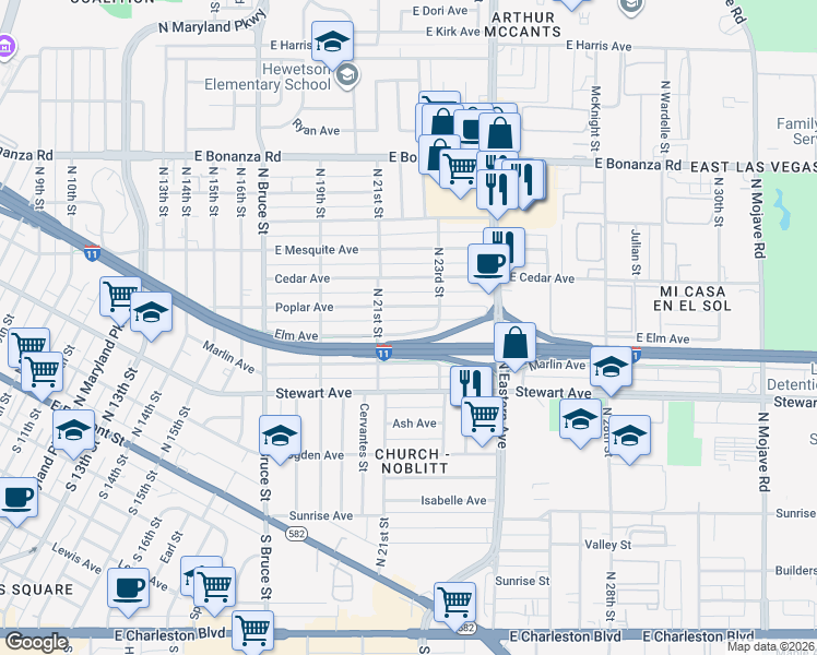 map of restaurants, bars, coffee shops, grocery stores, and more near 2125 Elm Avenue in Las Vegas