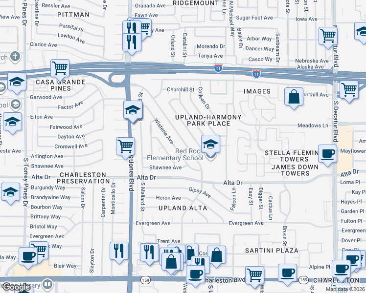 map of restaurants, bars, coffee shops, grocery stores, and more near 377 Wisteria Avenue in Las Vegas