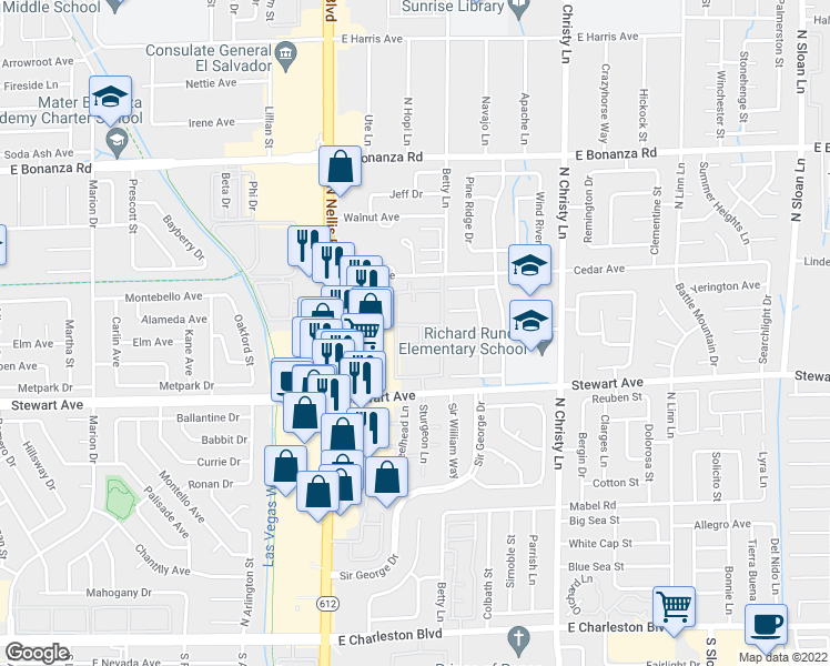 map of restaurants, bars, coffee shops, grocery stores, and more near 5250 Stewart Avenue in Las Vegas