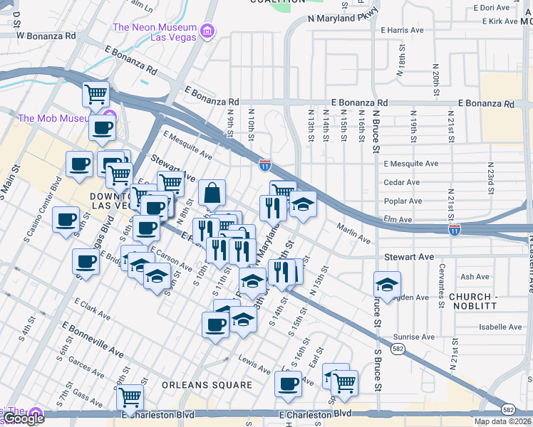 map of restaurants, bars, coffee shops, grocery stores, and more near 1109 Stewart Avenue in Las Vegas