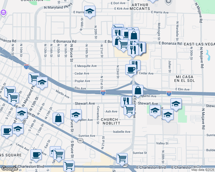 map of restaurants, bars, coffee shops, grocery stores, and more near 2101 Elm Avenue in Las Vegas