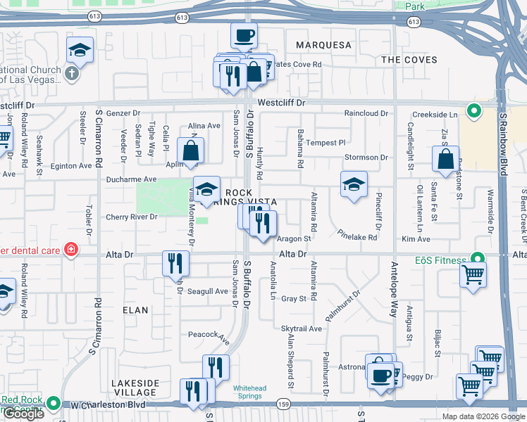 map of restaurants, bars, coffee shops, grocery stores, and more near 7504 Belltower Street in Las Vegas