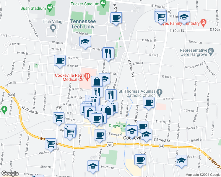 map of restaurants, bars, coffee shops, grocery stores, and more near 395 Mahler Avenue in Cookeville