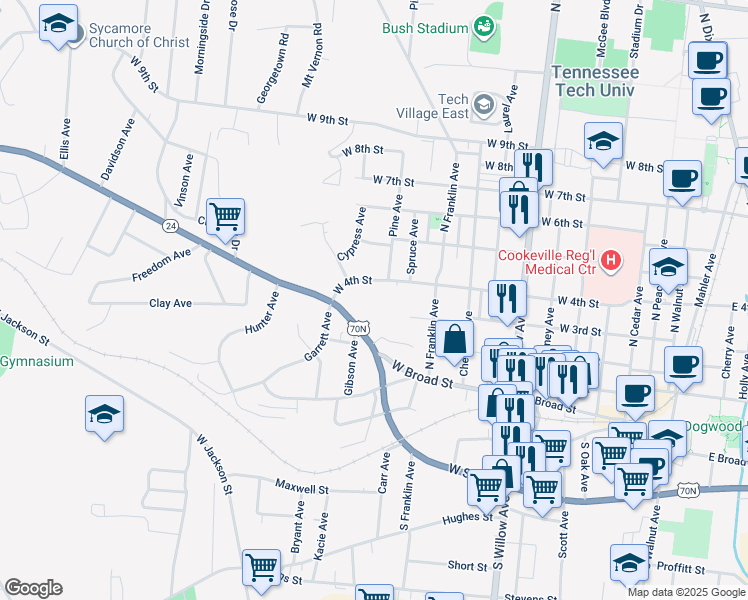 map of restaurants, bars, coffee shops, grocery stores, and more near 559 West Broad Street in Cookeville