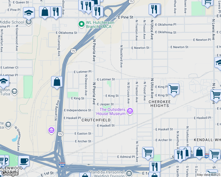 map of restaurants, bars, coffee shops, grocery stores, and more near 1003 North Quincy Avenue in Tulsa
