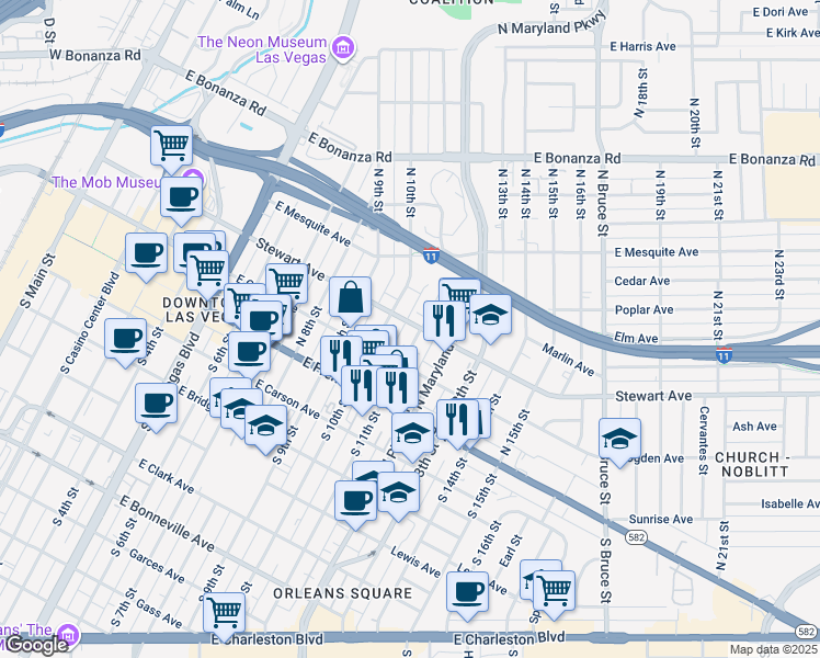 map of restaurants, bars, coffee shops, grocery stores, and more near 230 North 11th Street in Las Vegas