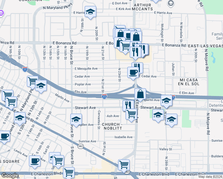 map of restaurants, bars, coffee shops, grocery stores, and more near 2125 Elm Avenue in Las Vegas